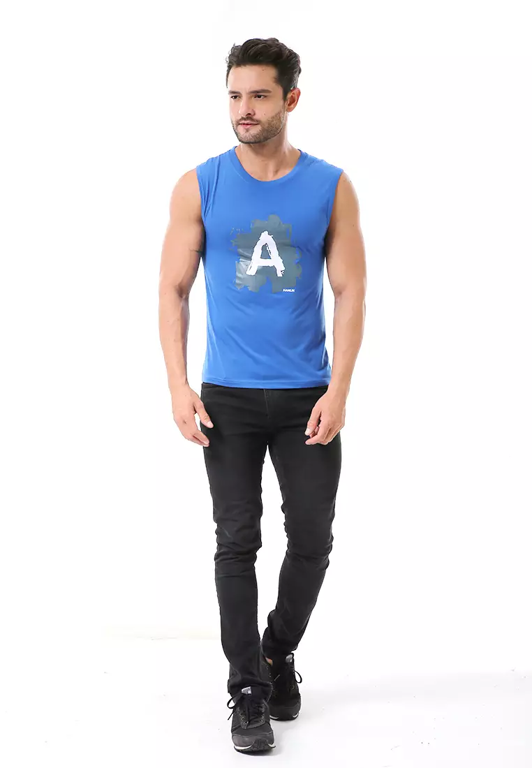 Bobby Atasan Kasual Pria Singlet Motif Huruf A Atasan Tanpa Lengan Material Cotton ORIGINAL - Blue