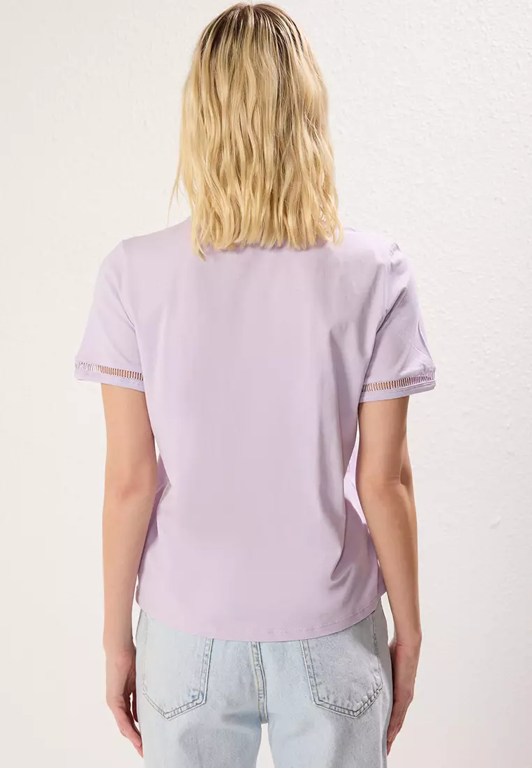 Lilac Embroidery Detail Basic Crew Neck Knitted T-Shirt