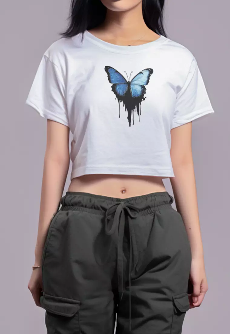 LTG69 kaos kupu kupu wanita crop top RCP "butterfly melt" putih