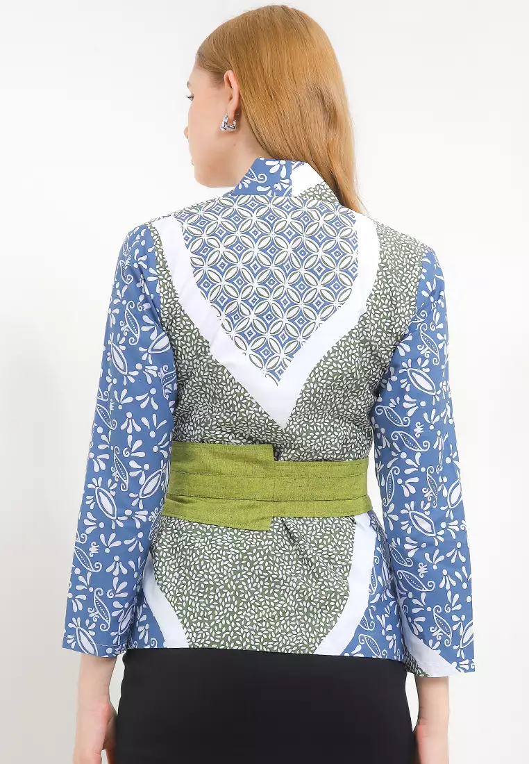 Blouse Atasan Batik Wanita Kutubaru Karlita Obi Belt Blue Lengan Panjang