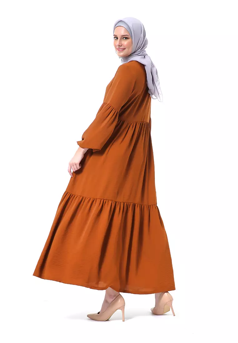 Tika Dress Wanita Gamis Muslimah Rubber Hands High Quality Premium - Cinnamon