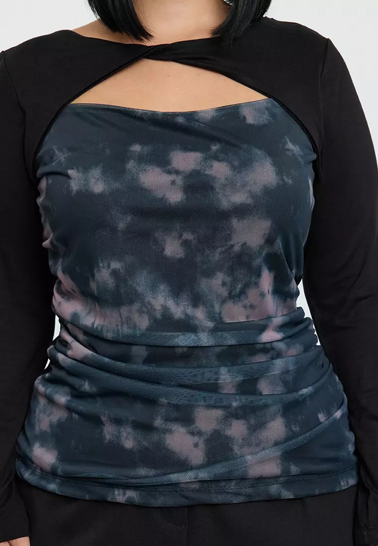 Grey Patterned Collar Gathered Cut Out Detail Tulle Knit Plus Size Blouse Tbbaw25Af00037