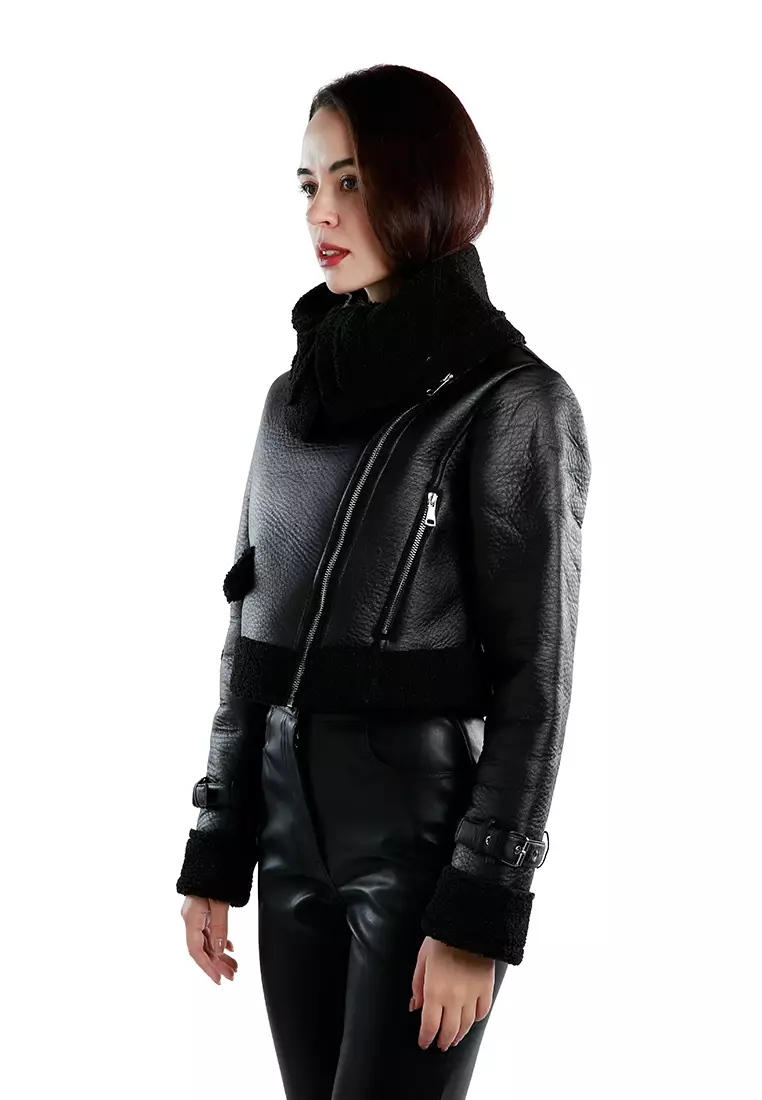 Black Shearling Collar Crop Jacket