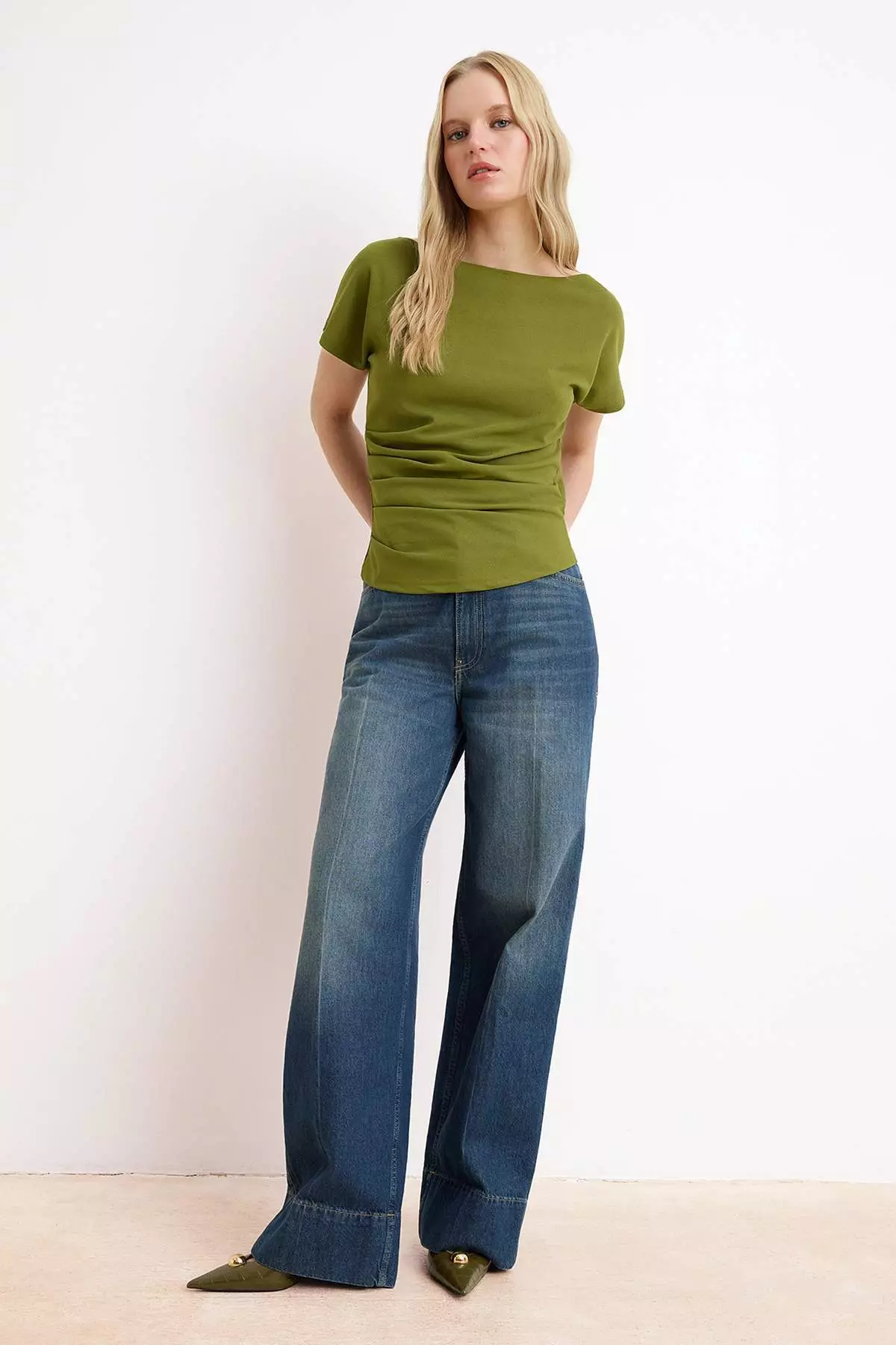 Oil Green Fitted/Bodycon Boat Neck Low Shoulder Short Sleeve Scuba Crepe Knitted Blouse Twoss26Bz8