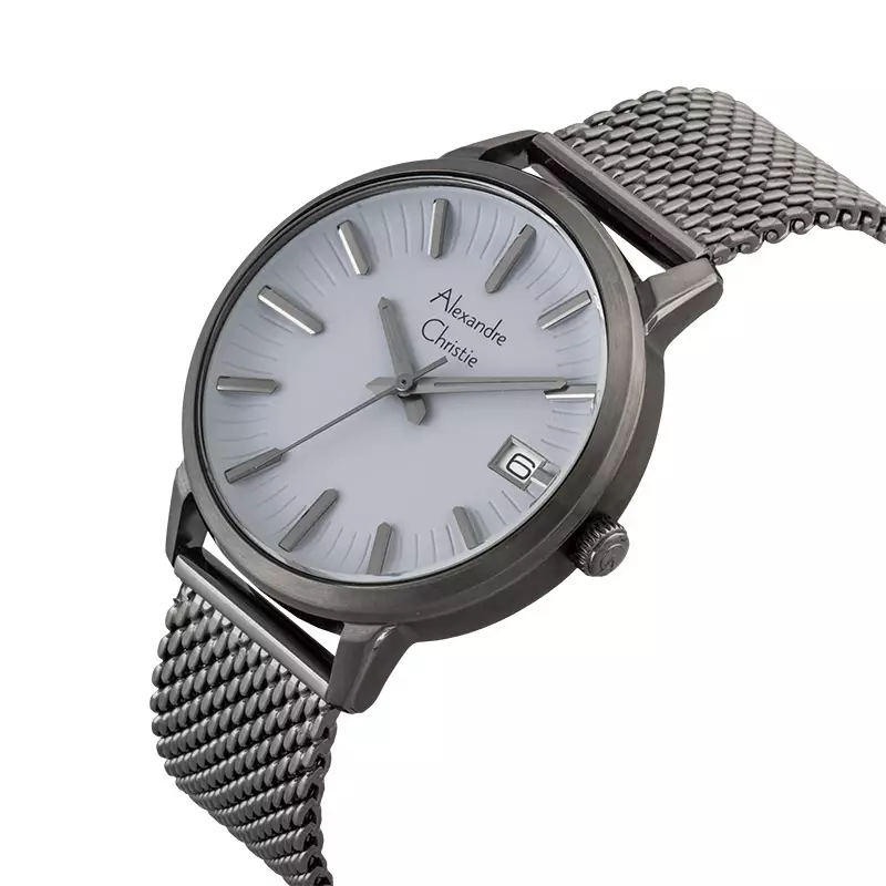 Jam Tangan Pria Alexandre Christie Classic AC 8640 MD BIGGR Men Light Grey Dial Gunmetal Mesh Strap
