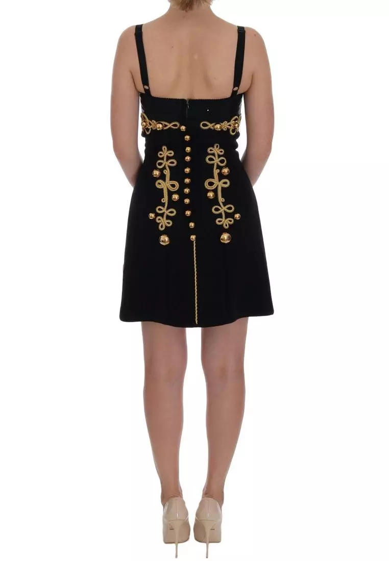 Dolce & Gabbana Black Wool Stretch Gold A-Line Dress