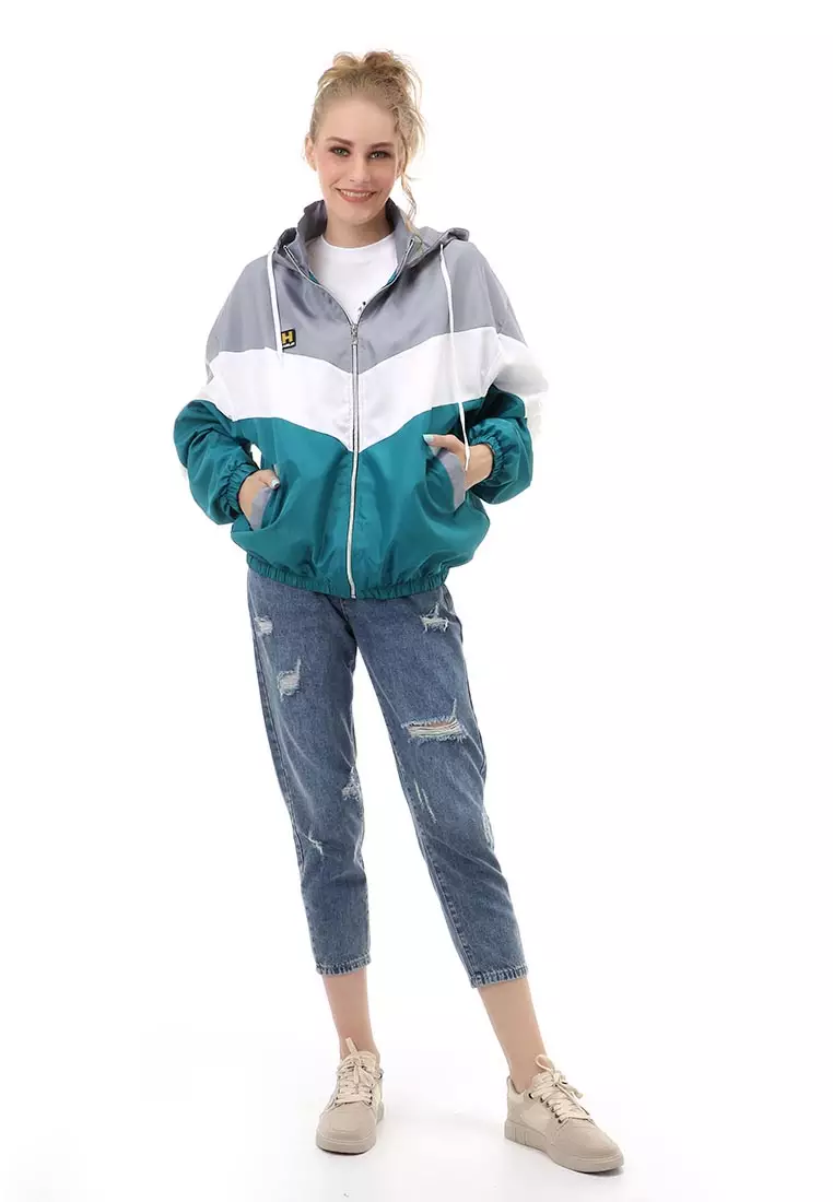 Hardwin Jacket Outer Wanita Jaket Hoodie Kombinasi 3 Warna Material Parasut Despo ORIGINAL - Gray White Tosca