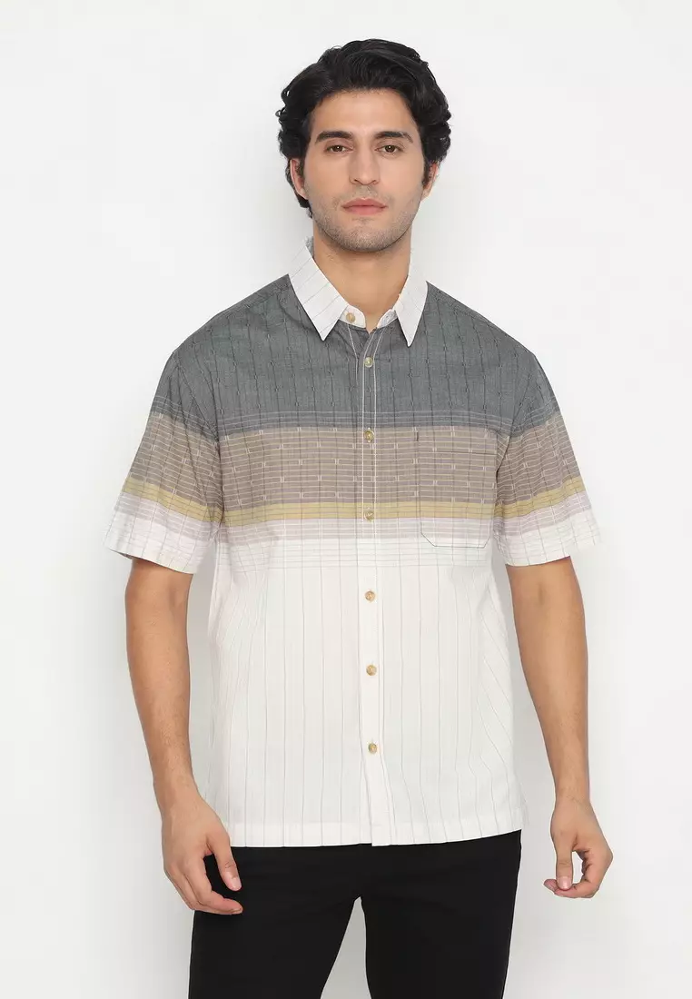 POLICE Kemeja Border Printing Coklat Abu Regular Fit Pria