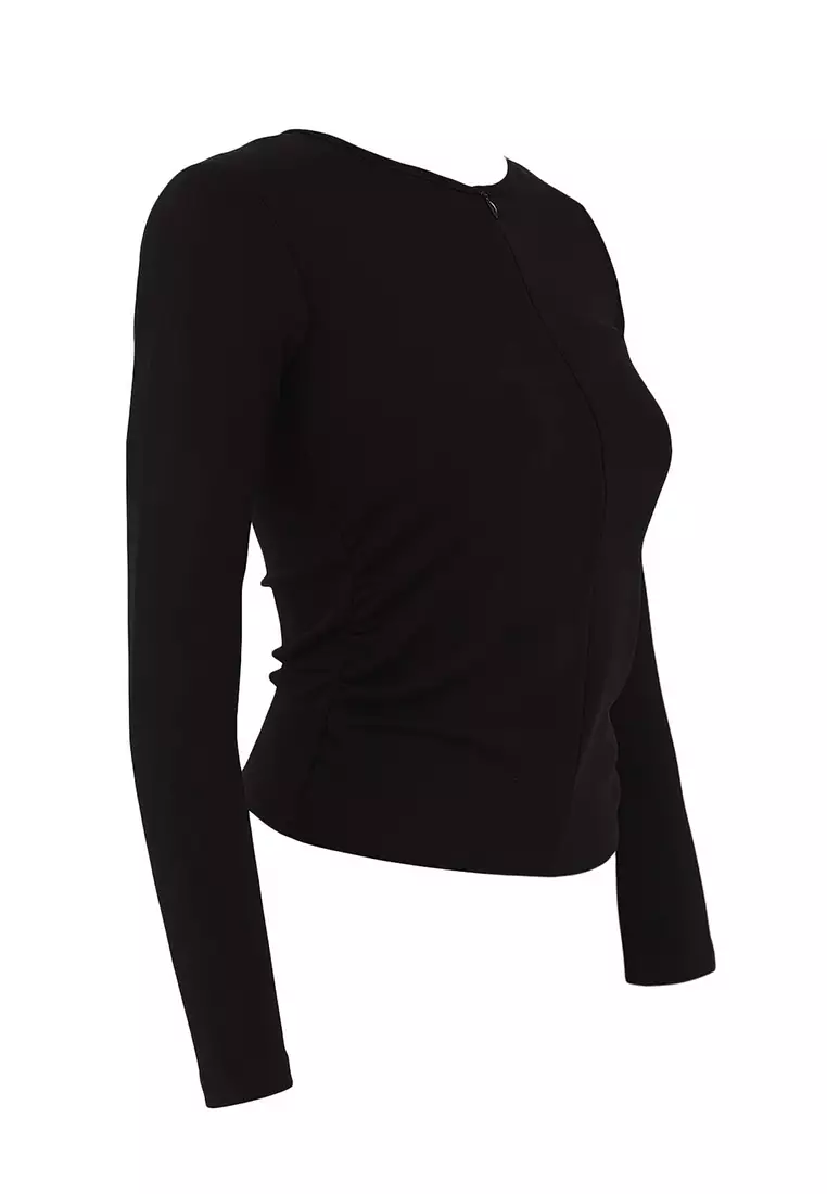 Black Fitted/Fits The Body Double Look Half Zippered Double Layered Knitted Blouse