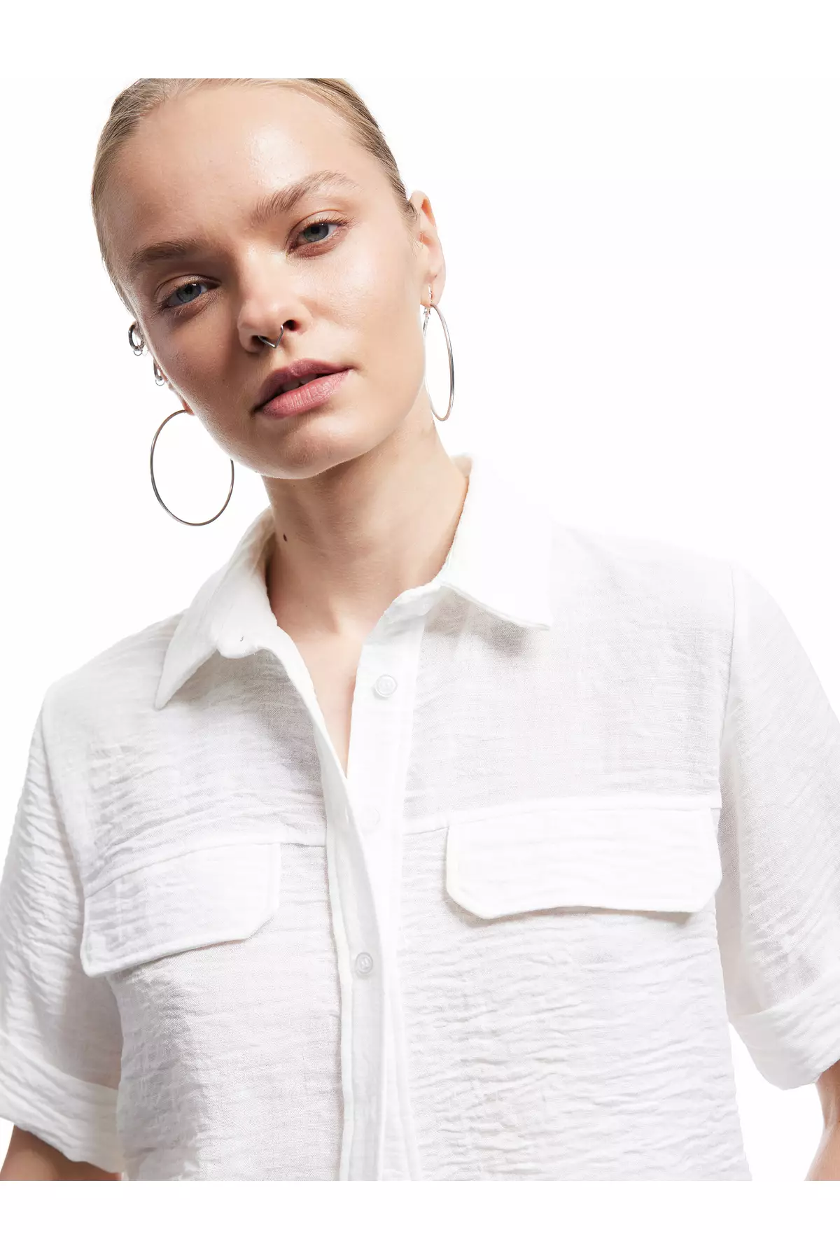 Classic Lapel Flap Pocket Detail Half Sleeve Relaxed Fit Crop Shirt