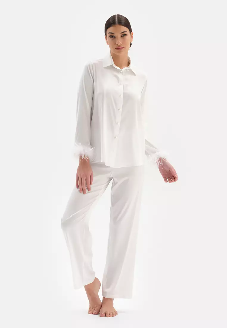 White Bride Shirts & Pants, Shirt Collar, Regular Fit, Long Leg, Long Sleeve Sleepwear for Women