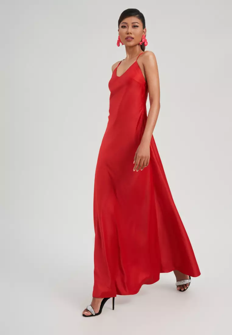 SOLID RED SILK MAXI DRESS