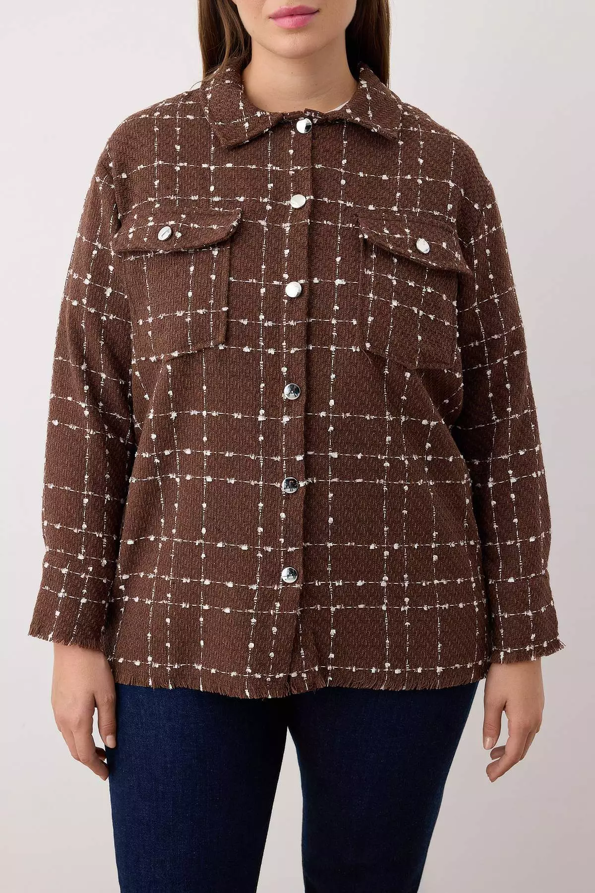 Brown Tweed Long Sleeve Winter Woven Plus Size Shirt/Jacket