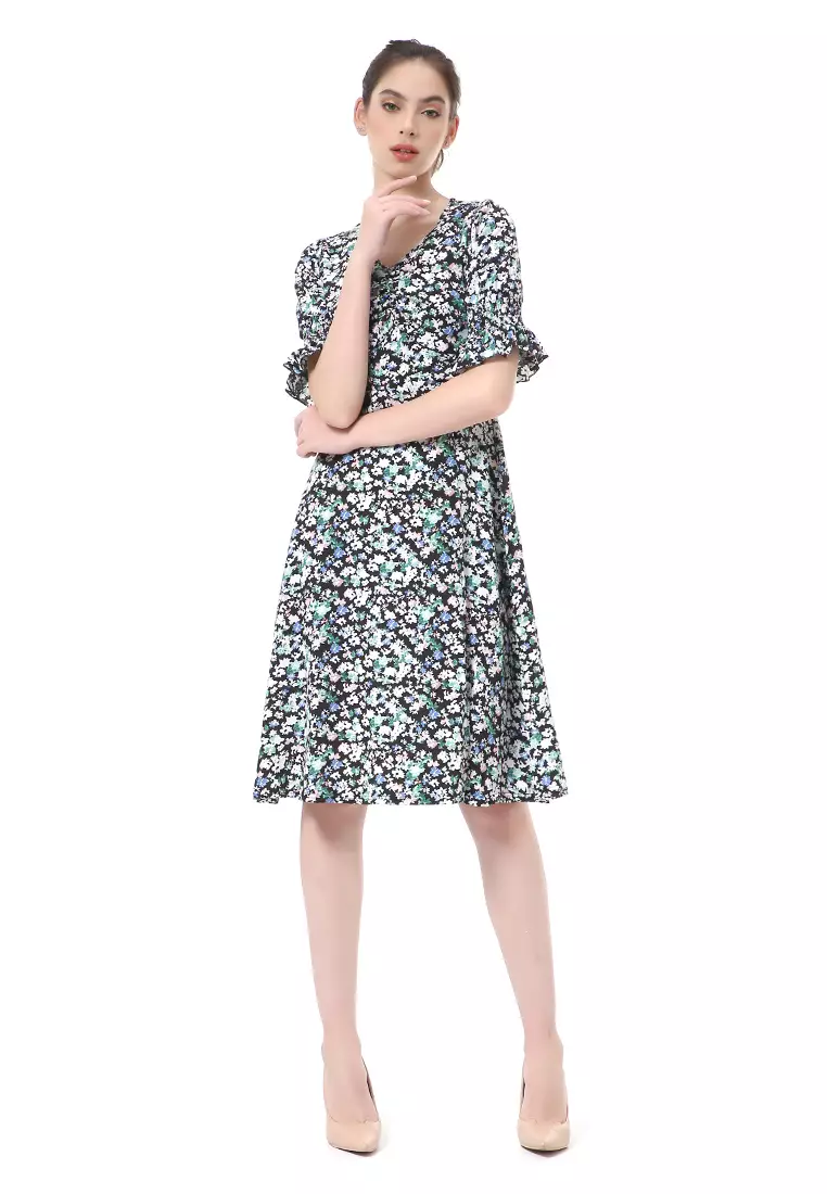 Rachel Long Dress Wanita Model Belah Samping Flower Motive Short Sleeve Material Cotton ORIGINAL - Multicolor