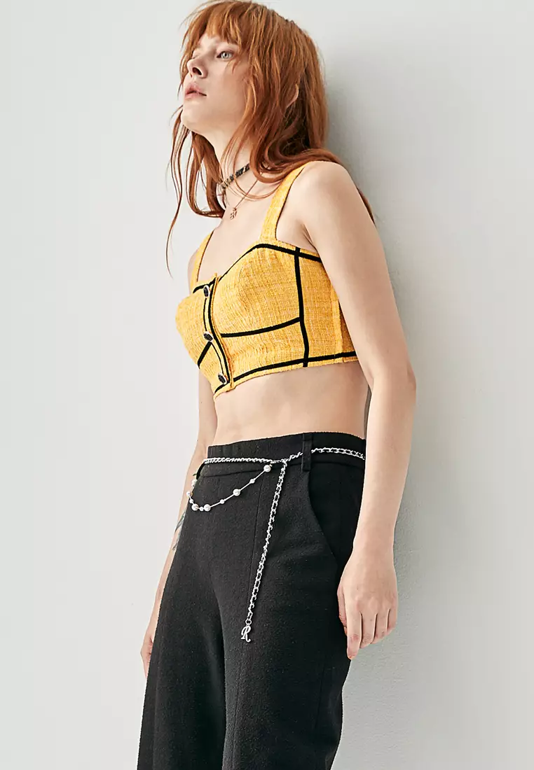Yellow Crop Tweed Tank Top With Contrast Detail
