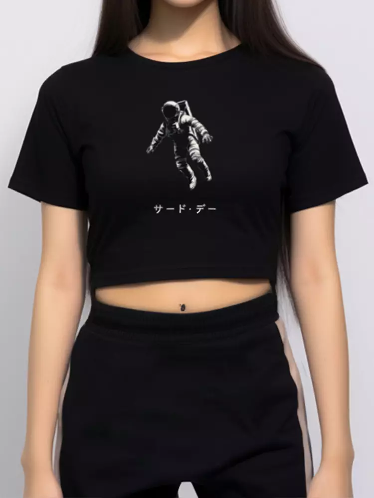 LTF16 kaos oversize crop top wanita longgar astronaut katakana hitam
