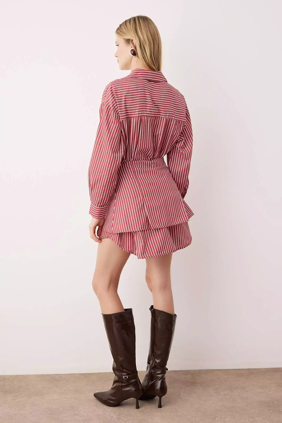 Limited Edition Burgundy Striped Shirt Detailed Mini Woven Dress