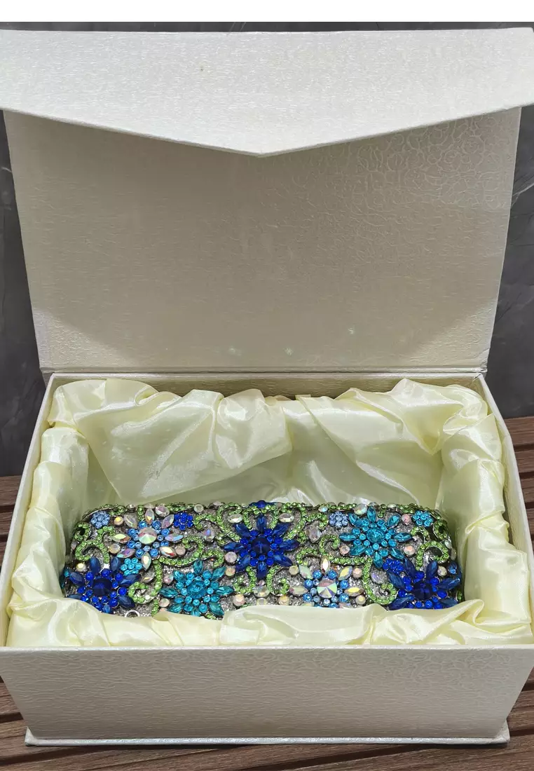 Tas Clutch Pesta Wanita Diamante Rectangular Shape Blue & Gold