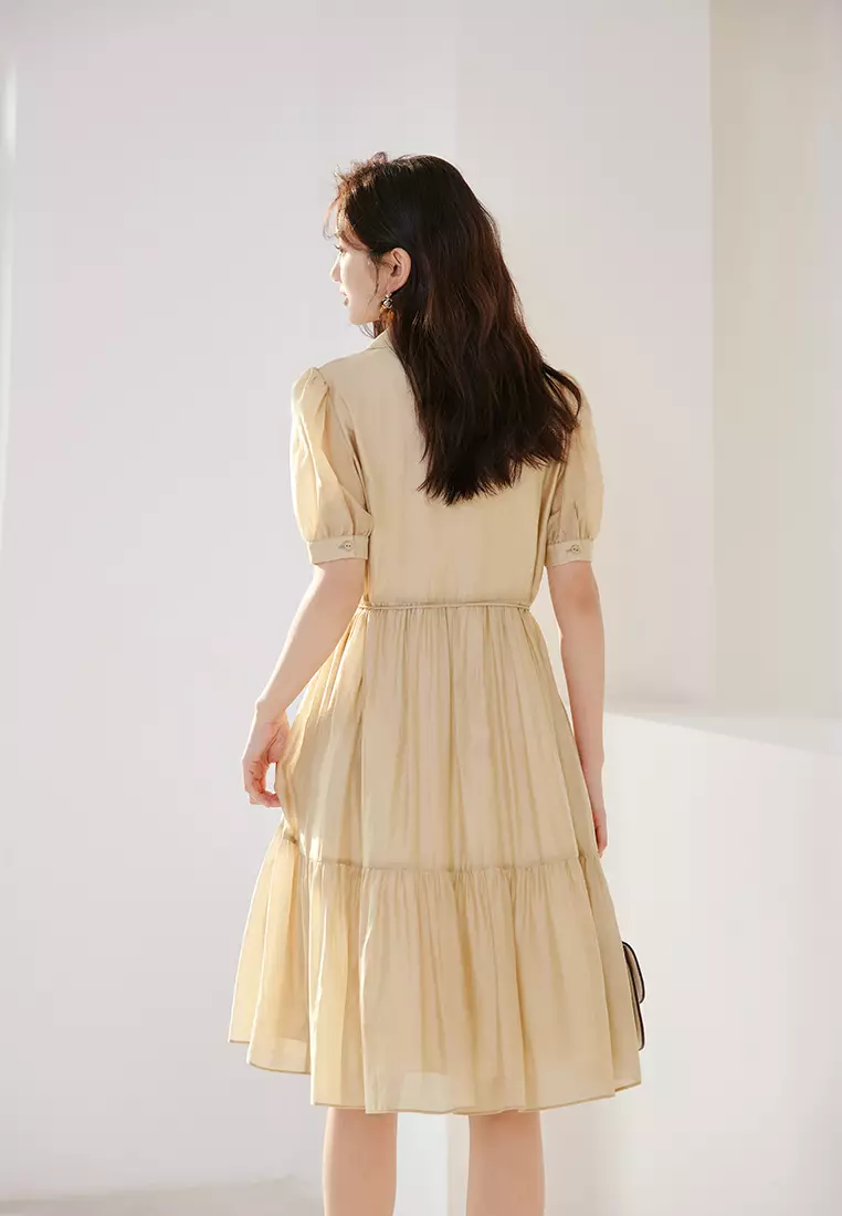 Simple Puff Sleeve Button Front Shirt Dress
