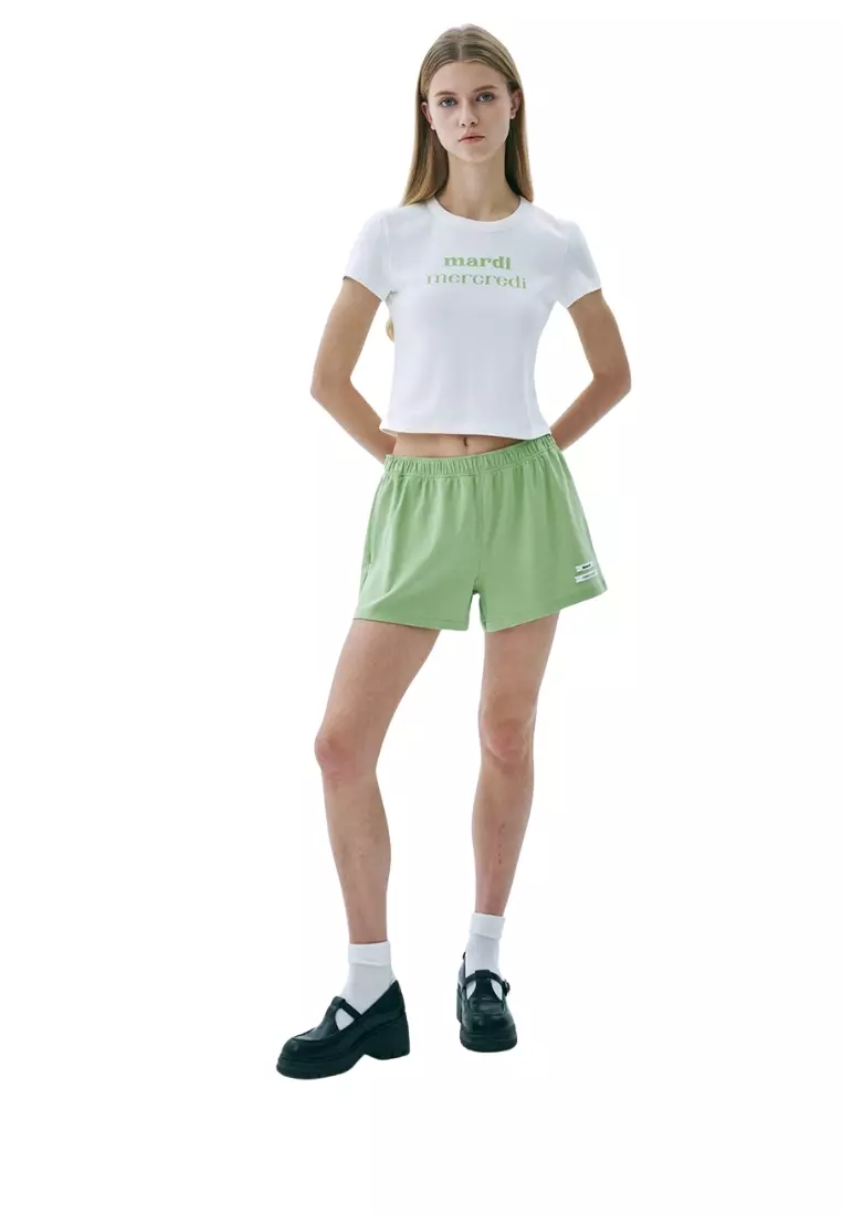 Cropped Fitted Tshirt Double Logo - Ivory Yellow Green