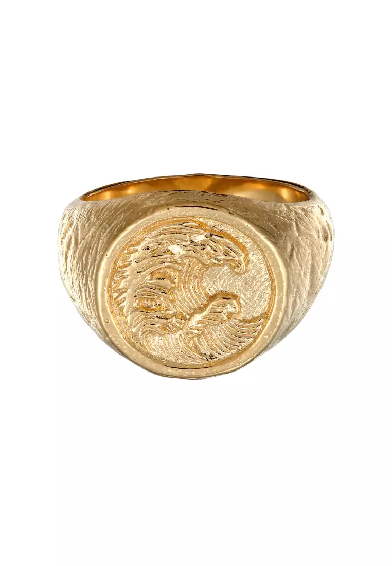 EXCLUSIVE Cincin Perhiasan Perak 925 Pria Signet Tide Waves Motif Gold Plated