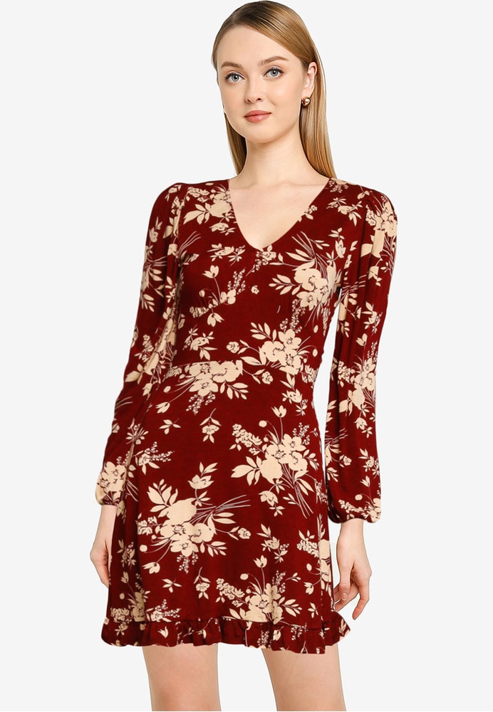 Buy Miss Selfridge Burgundy Floral Fit & Flare Dress ...