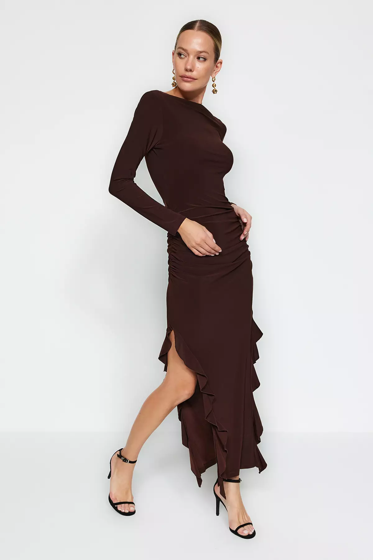 Boat Neck Ruffle Ruched Midi Dress