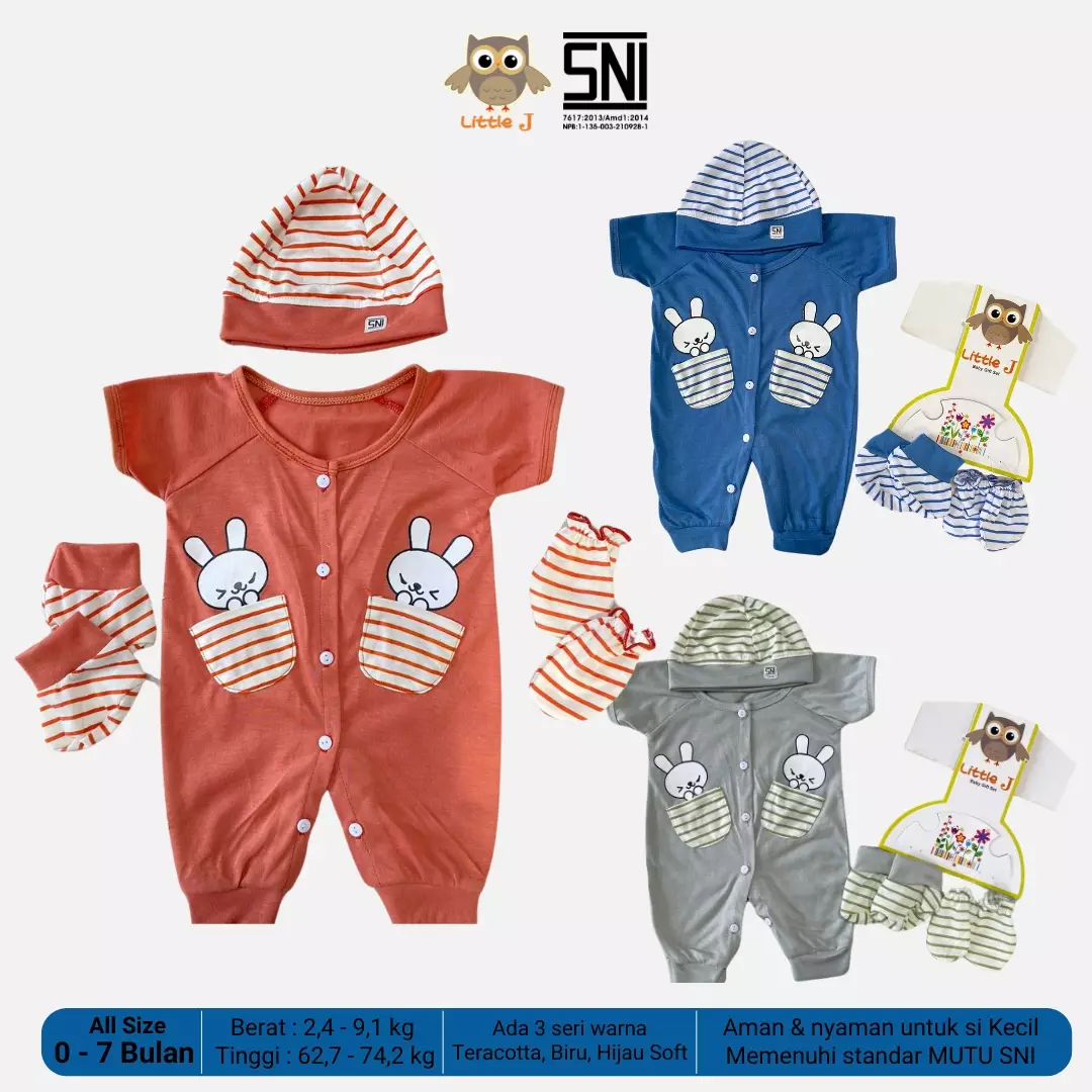 Little J - Bunny Jumpsuit -Romper Set Baby 4 in 1 Bayi Laki laki Bayi Perempuan ( Sarung tangan,Sarung Kaki,Topi,Baju)
