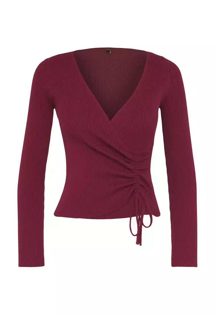 Burgundy Double Breasted Gather Detailed Knitwear Sweater