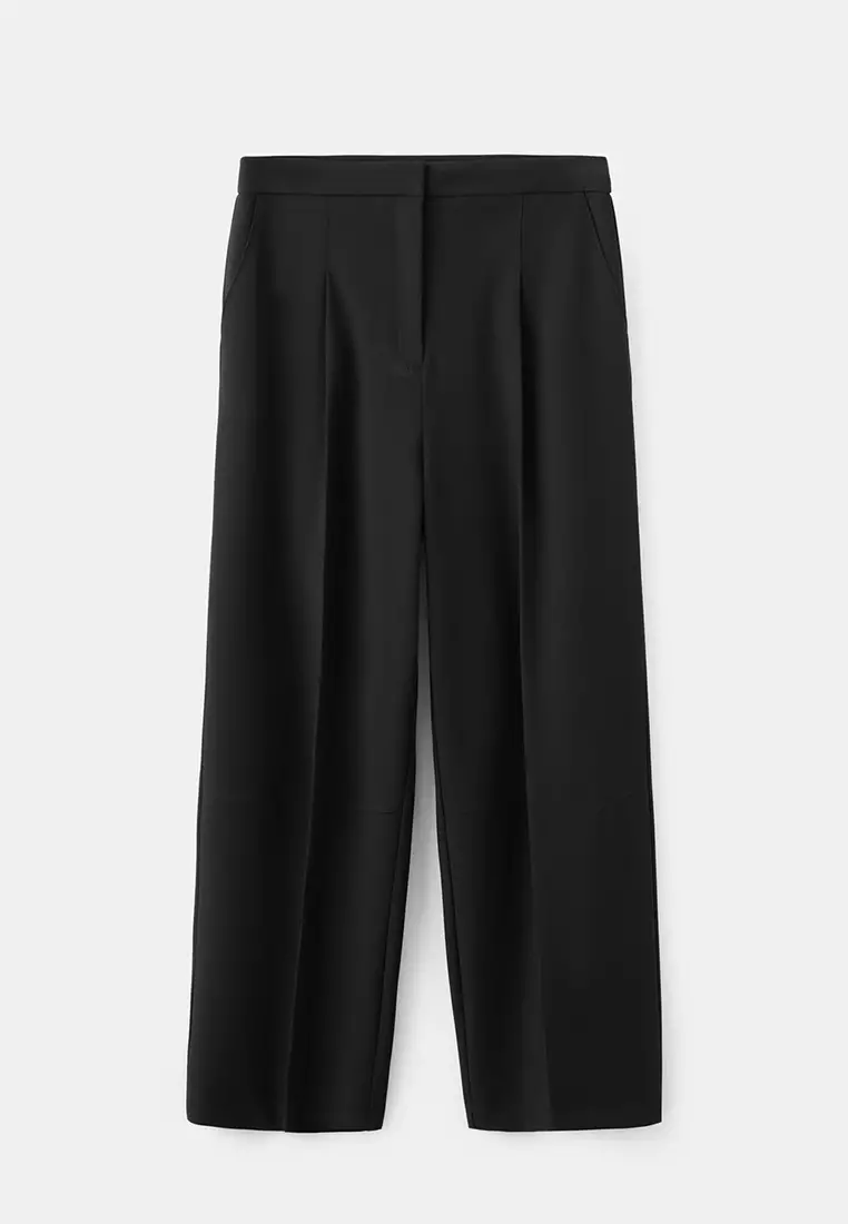 直管剪裁褶飾長褲