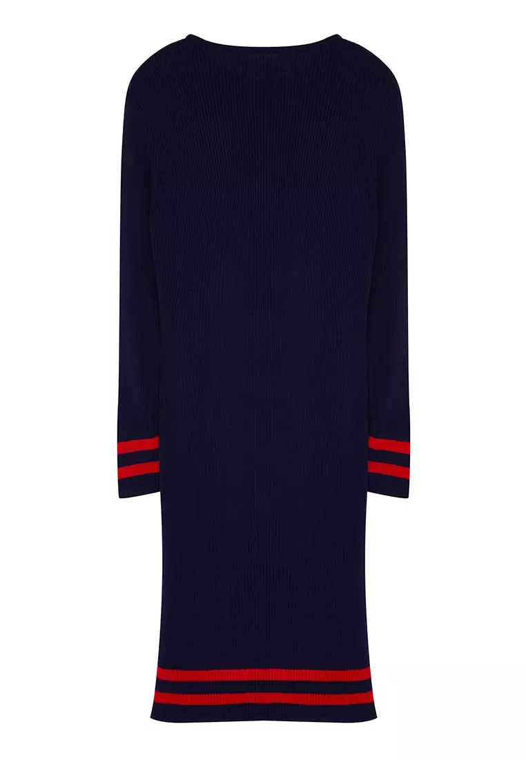 Navy Blue Stripe Detail Ribbed Knit Dress Tbbaw24Ah00019
