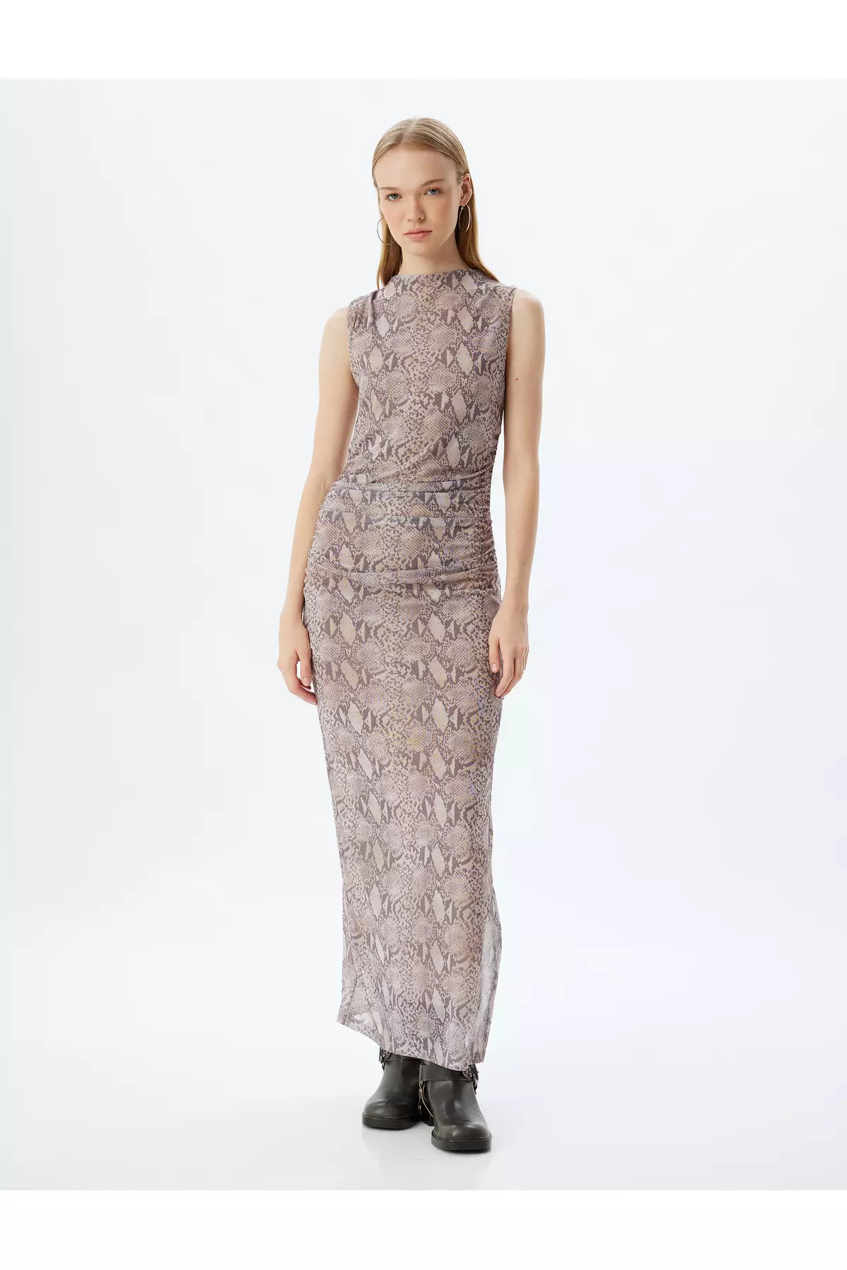 Long Tulle Dress Sleeveless Draped Slit Detail Slim Fit Lined