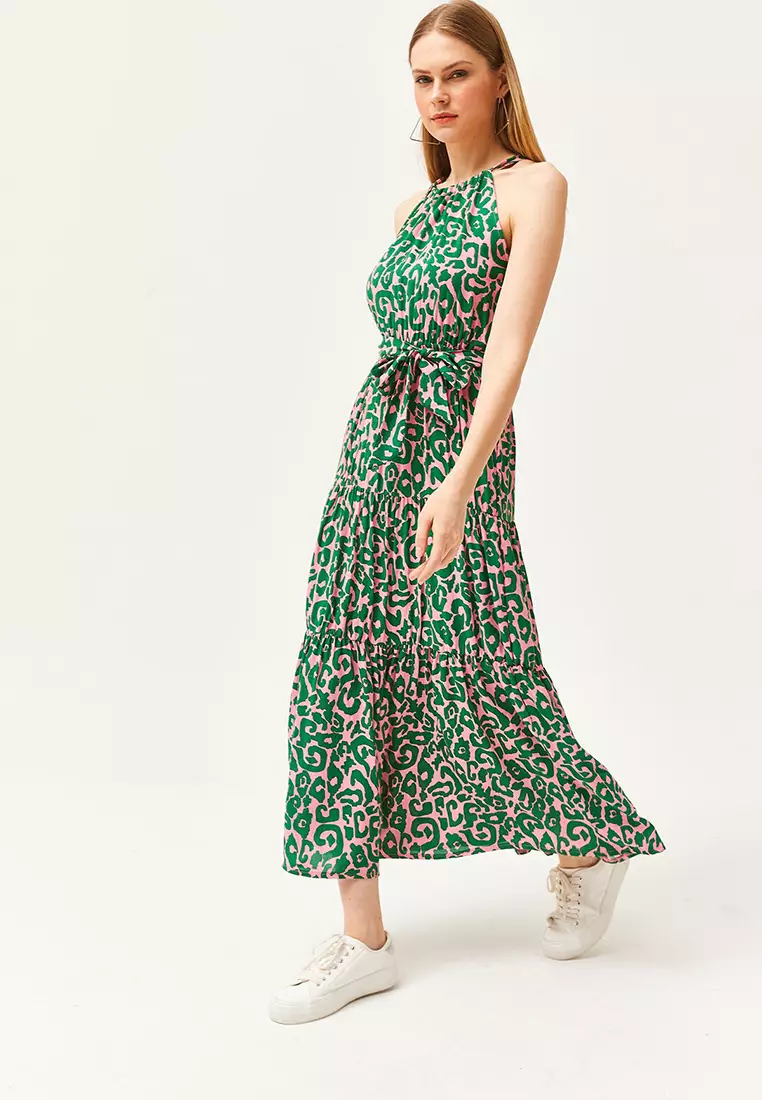 Halter Neck Belted Woven Viscose Dress