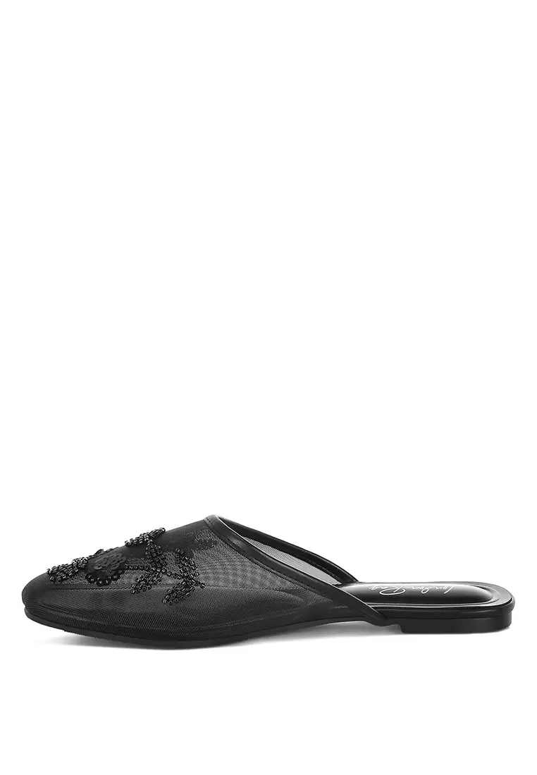 Mesh Sequin Beaded Mules In Black