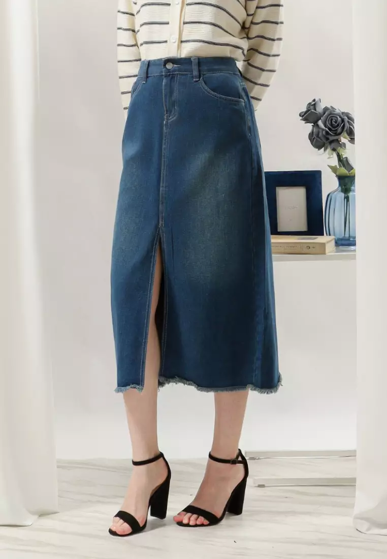 Jivie Midi Skirt Unfinished in Blue