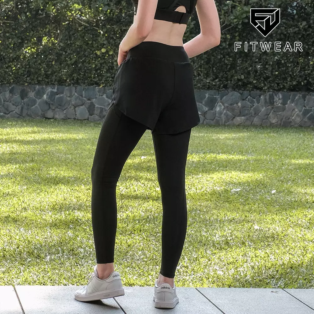 Fitwear - Celana Lari + Inner Legging Olahraga Wanita KATE LAYERED - BLACK