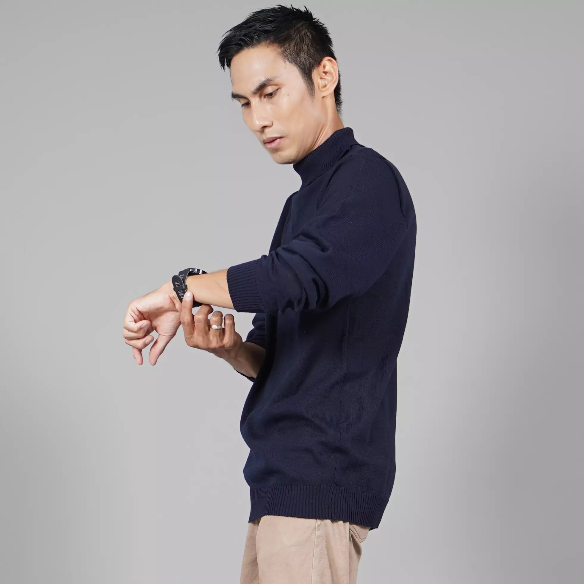 JEHOON Sweater Rajut Leher Tinggi Pria Knit Outer Turtle Neck Pria - NAVY