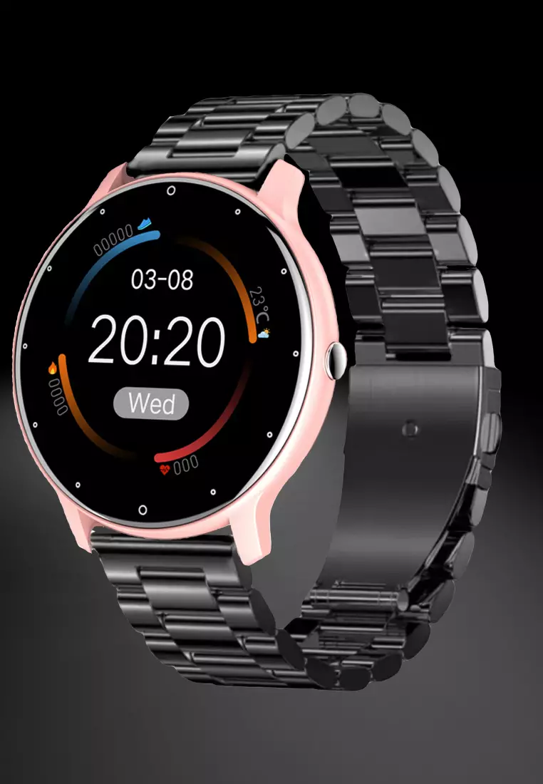 Unisex IOS/Android Pink SmartWatch with IP Black Stainless Steel Bracelet + 1 Free Pink Rubber Strap