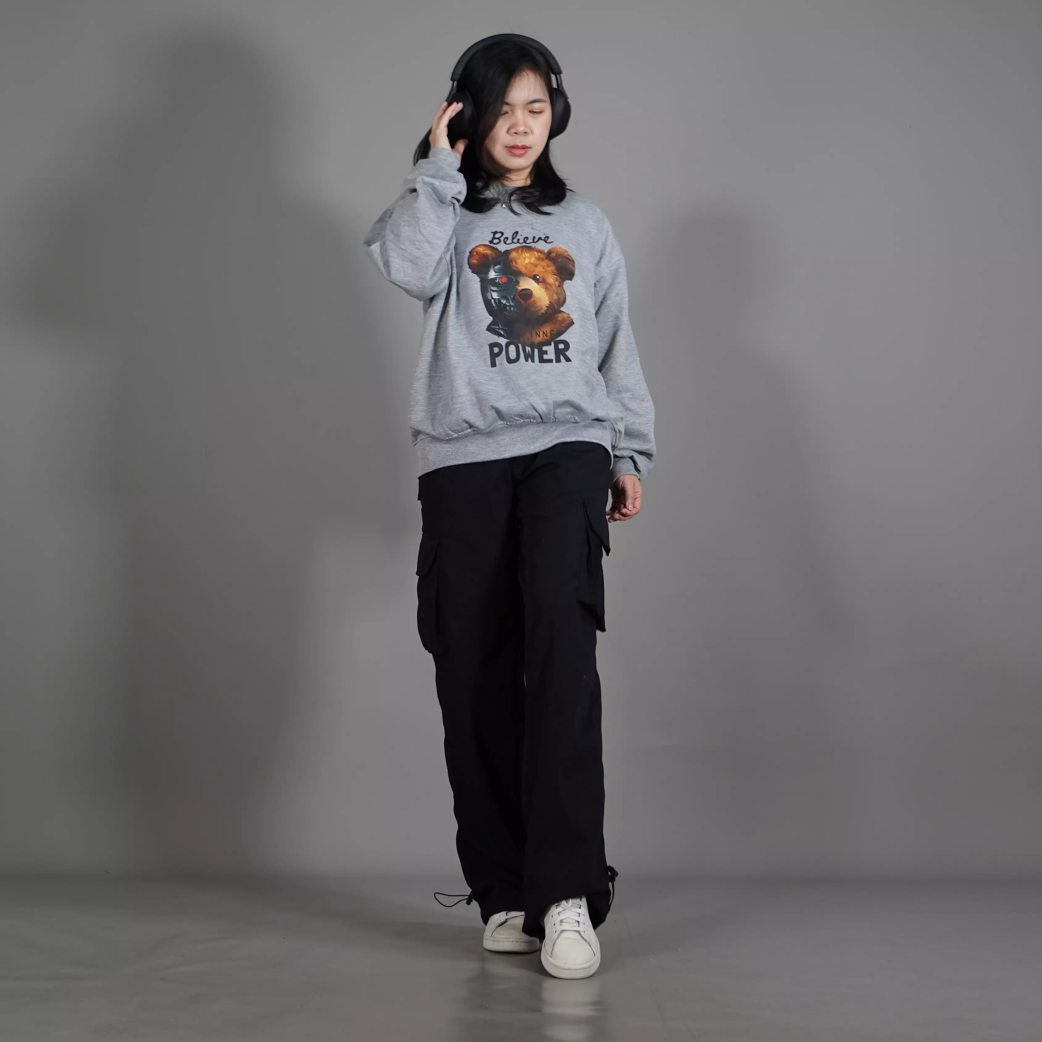  Sweater Sablon POWER Sweater Wanita Oversize Sweater Oversize Unisex - Abu Muda