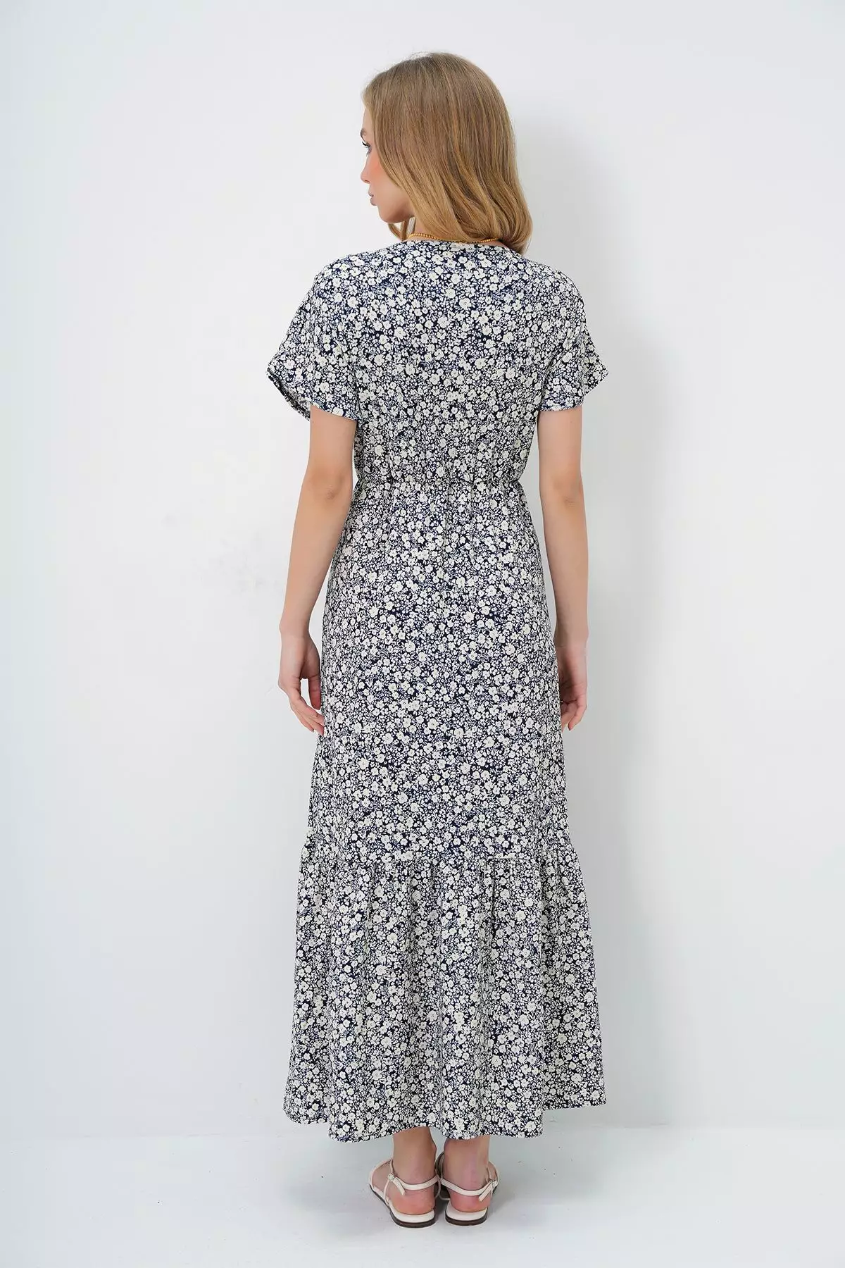 Navy Blue Patterned Maxi Short Classic Maternity Dress