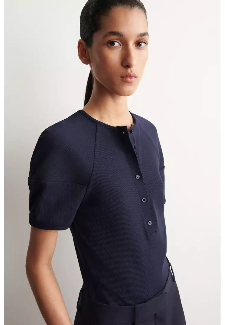ROUNDED RIBBED JERSEY HENLEY TOP