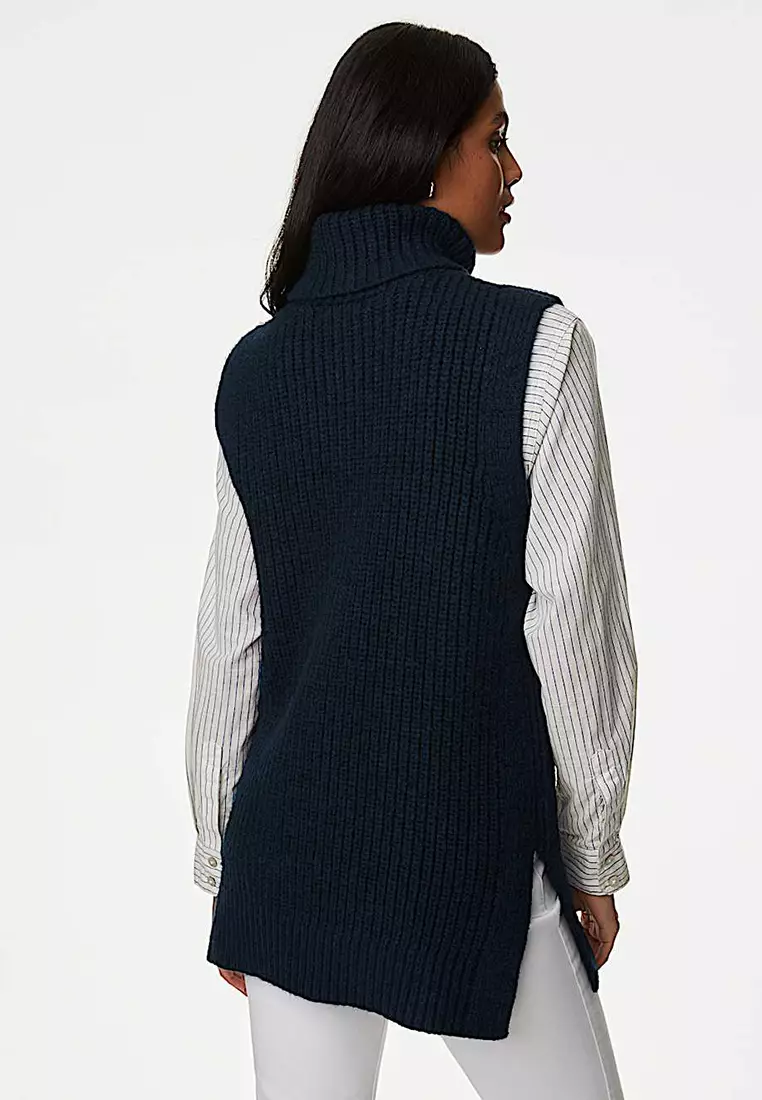 Recycled Blend Ribbed Roll Neck Knitted Vest