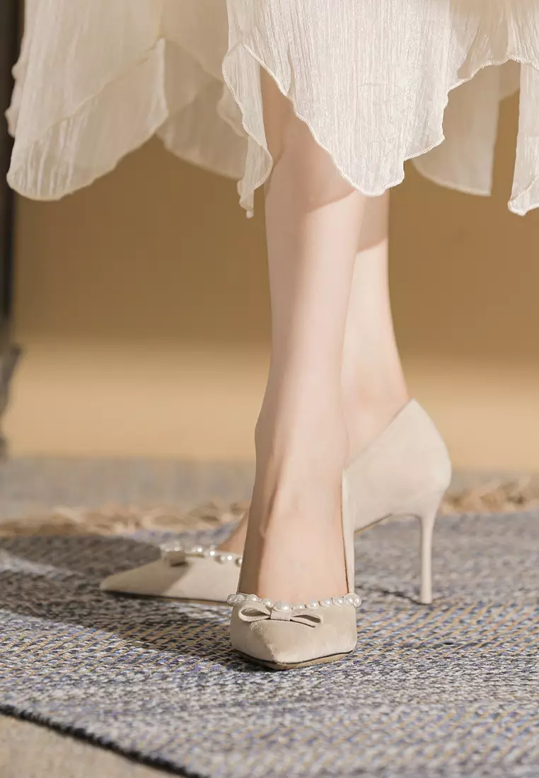 8.5CM Pearl Bow Pointy Suede Pumps TE7198-9