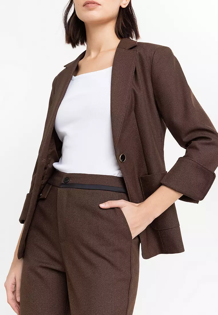 Slit Cuff Textured Suit Blazer with Pants