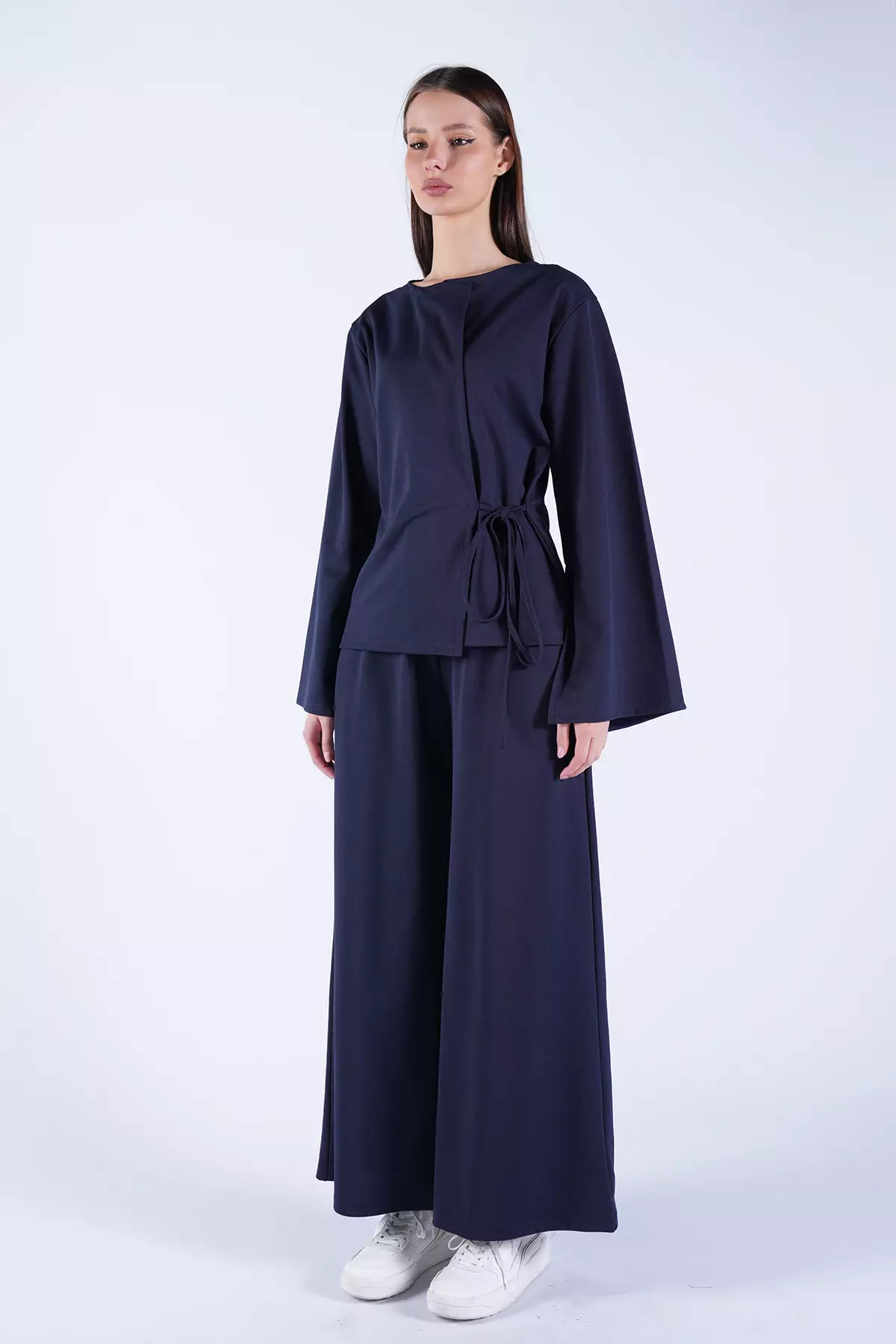 Women'S Navy Blue Crew Neck Knitted Jacket With Tie Detail And Double Pocket Trousers Set Alc-X15050