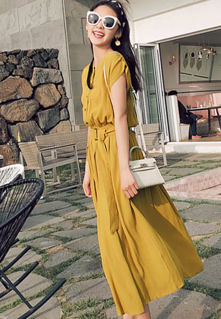 Chiffon Long Short Sleeve Cardigan Style One-Piece Dress A22022532YE