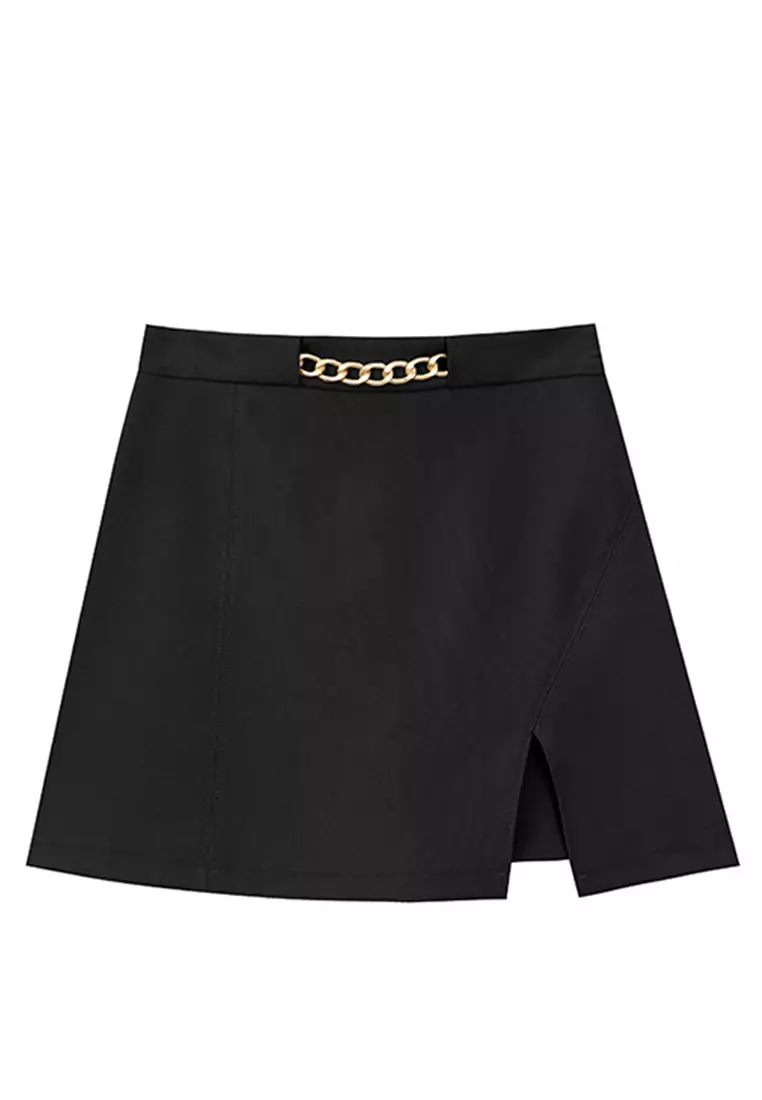 Waistline Chain High Waist Front Slit Mini Skirt