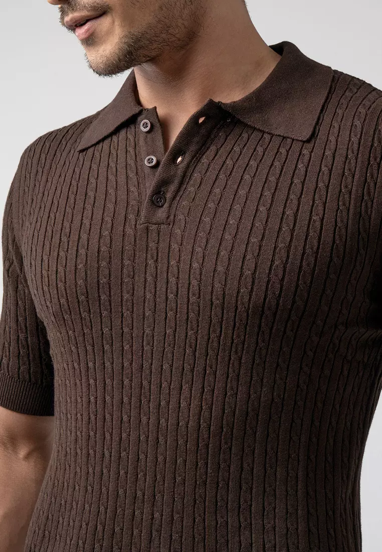Mens Cable Knit Cotton Polo Dark Brown