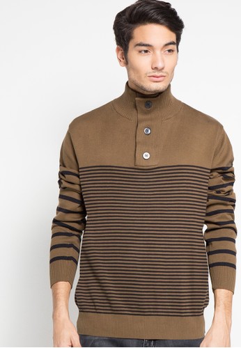 Mens Mock Neck Stripes Button And Long Sleeve