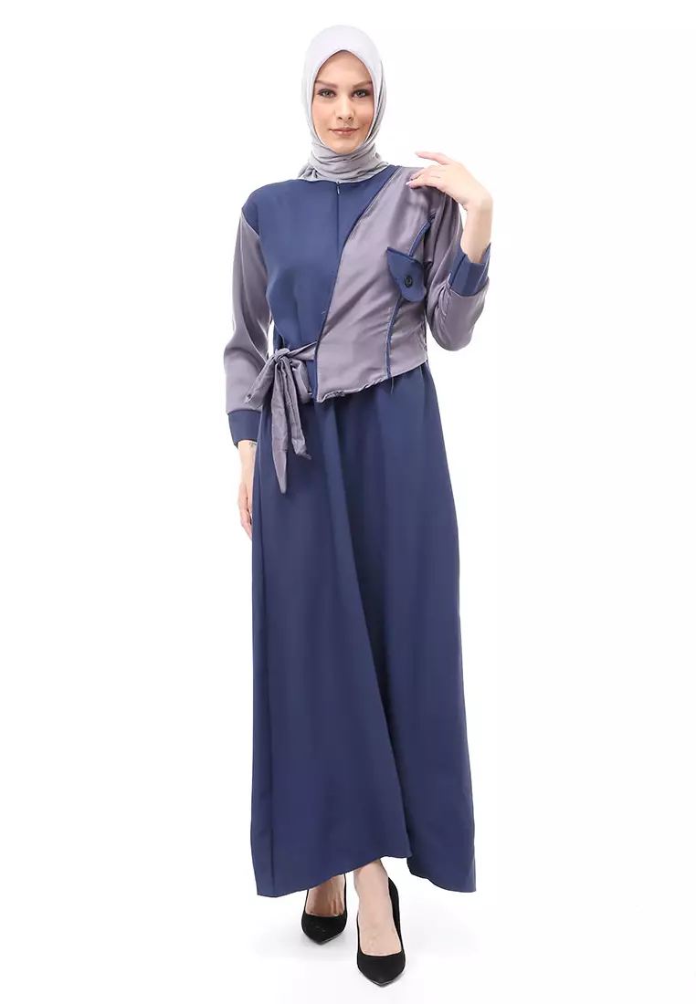 Andira Gamis Muslimah Wanita Dual Tone Color Aksen Tali Ikat Regular Fit - Navy